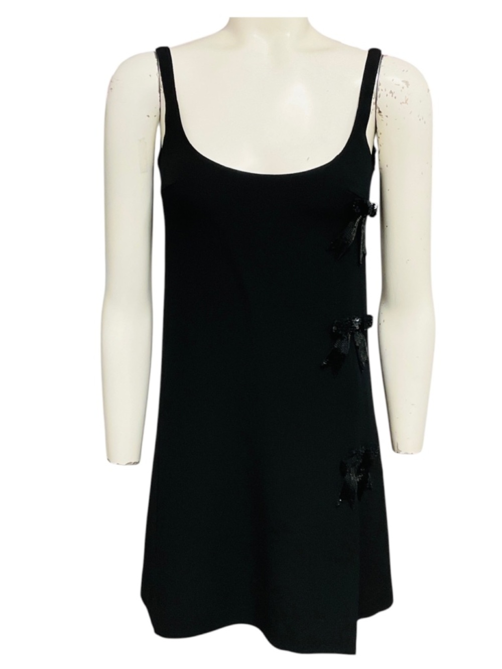 GIAMBATTISTA VALLI BLACK SLEEVELESS CREPE MINI DRESS WITH SEQUINED BOW EMBELLISH
